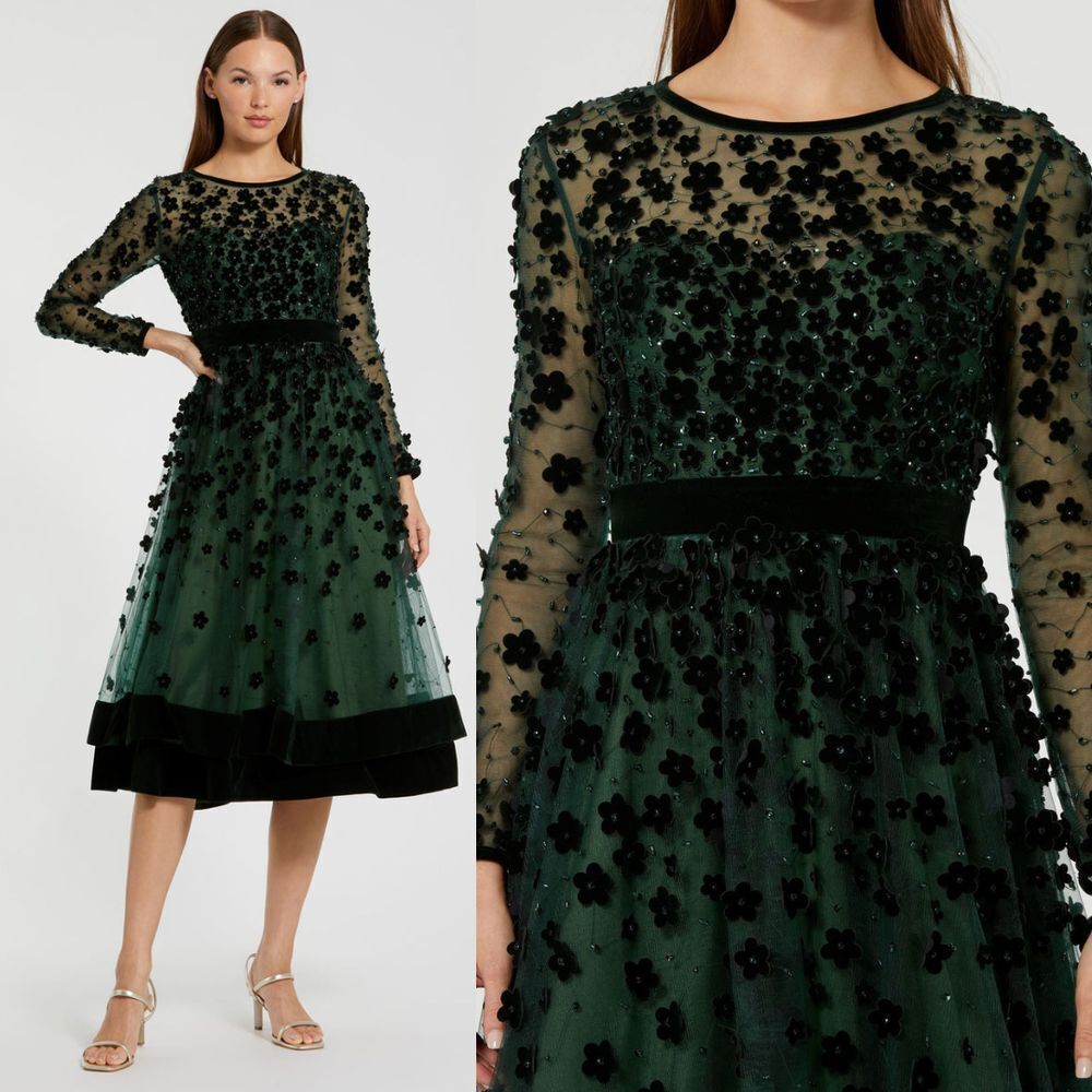 Mac‎ Duggal Green Embellished Illusion High Neck Long Sleeve Fit & Flare Dress 4